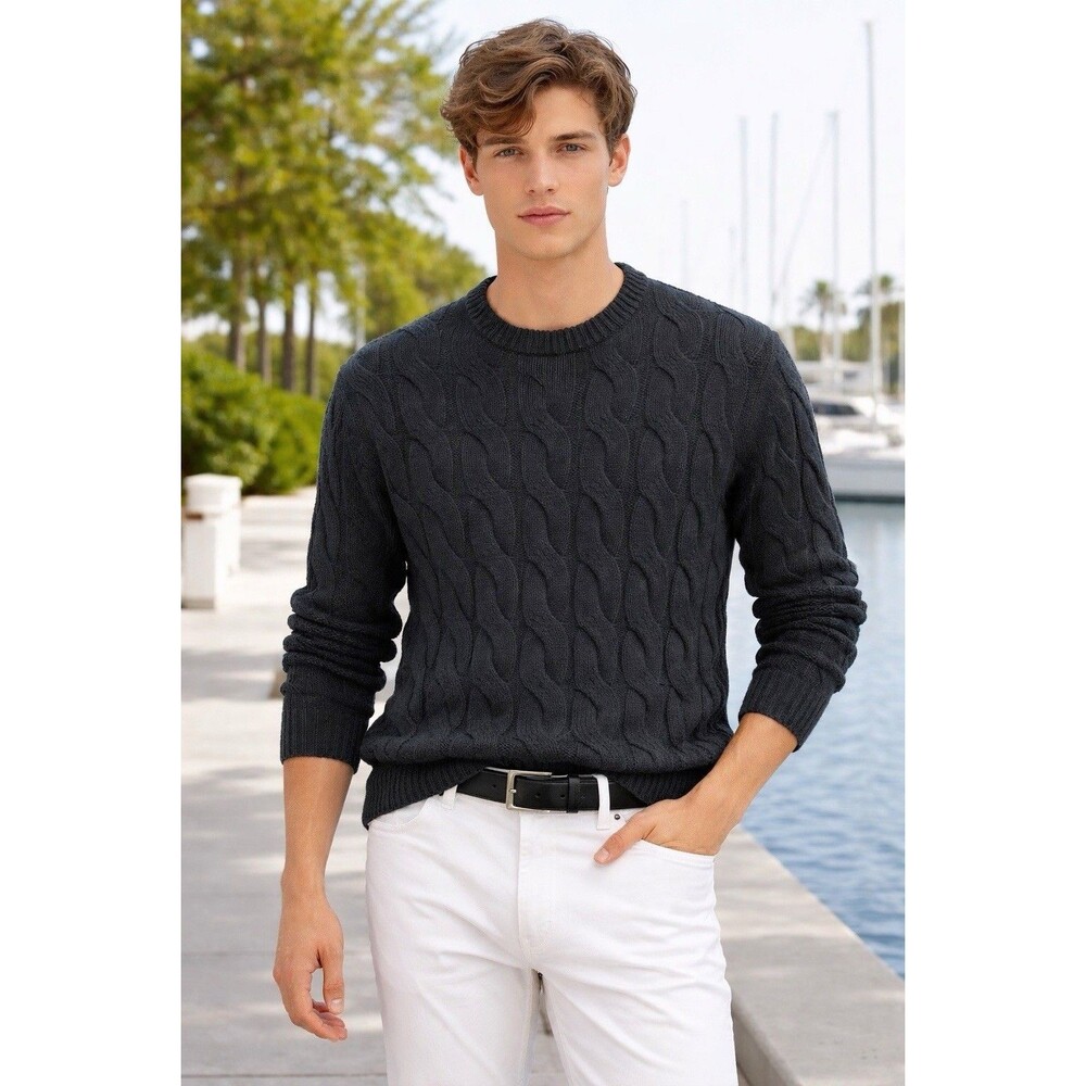 Madewell Wool Blend Cable-Knit Crewneck Sweater Mens‎ L Black Fisherman NY132